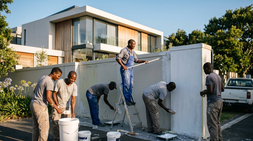 Professional team painting a boundary wall at a modern home in Kenridge