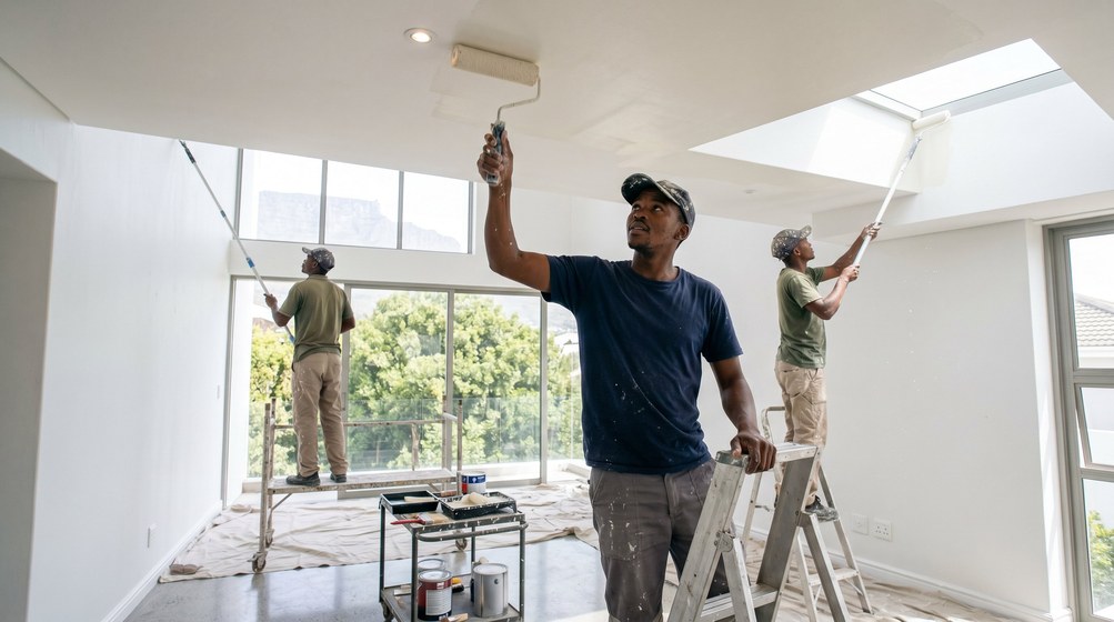Professional ceiling painters rolling white paint onto a high ceiling in Kenridge