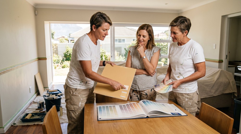 Professional colour consultant showing paint swatches to a homeowner in Kenridge