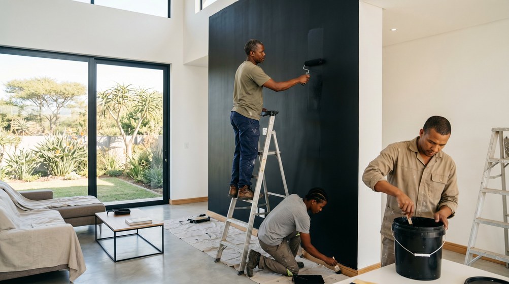 Professional painters creating a bold black feature wall in a modern Kenridge home