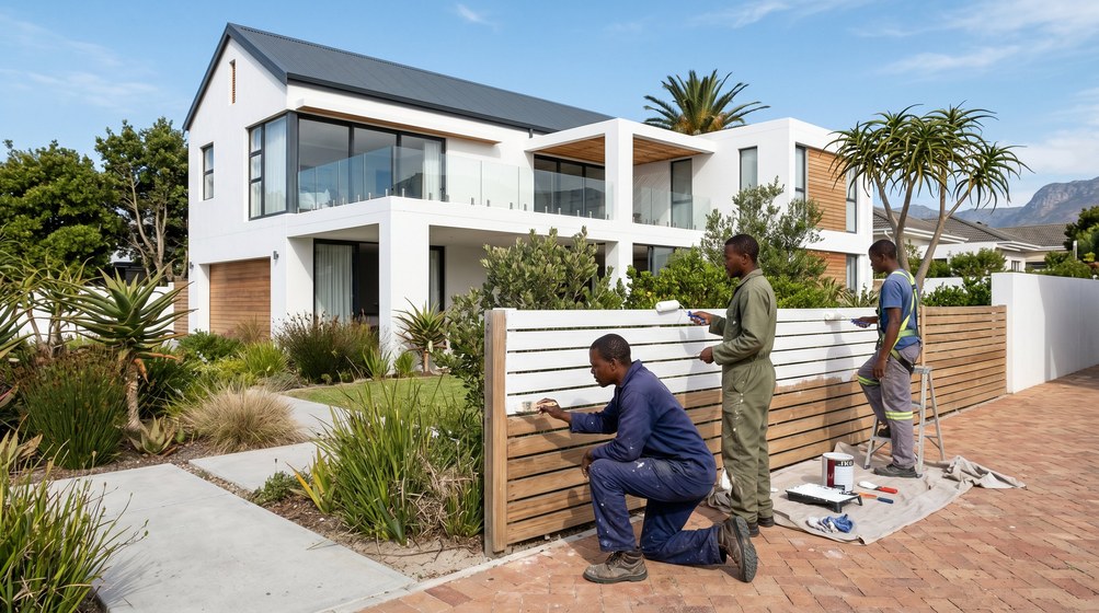 Professional fence painters painting a wooden fence at a coastal home in Kenridge