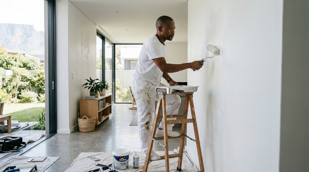 Professional interior painter in Kenridge painting walls with a roller