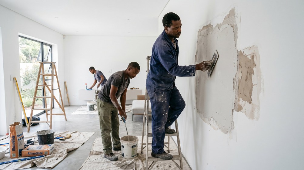 Professional plaster repair team skim coating damaged walls in Kenridge