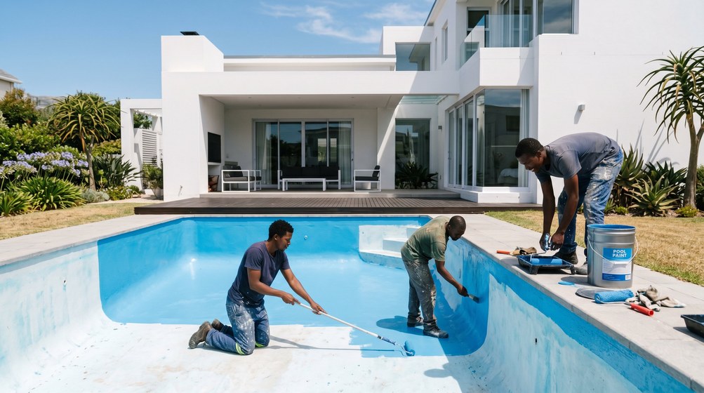Professional pool painters applying blue pool paint to a swimming pool in Kenridge