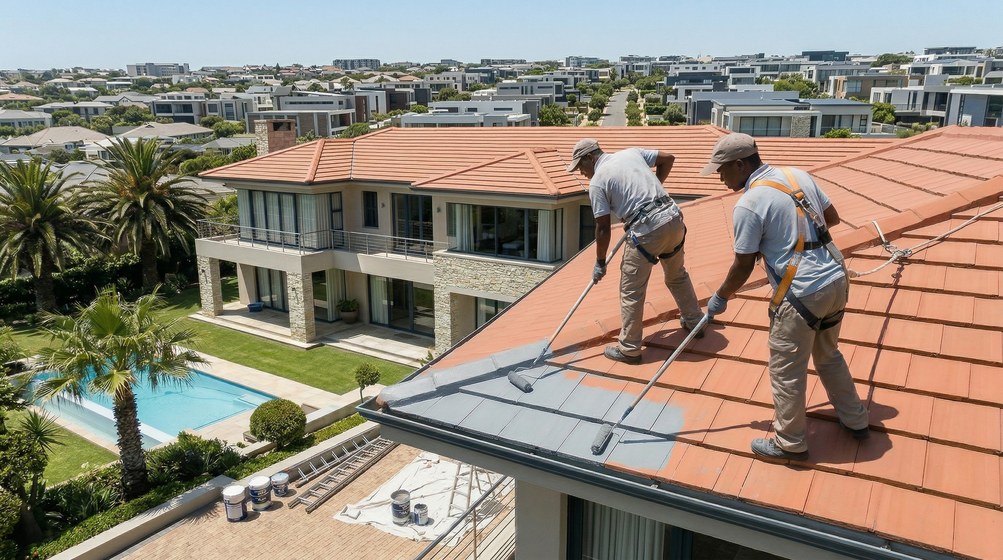 Professional roof painters applying waterproof coating to tiled roof in Kenridge