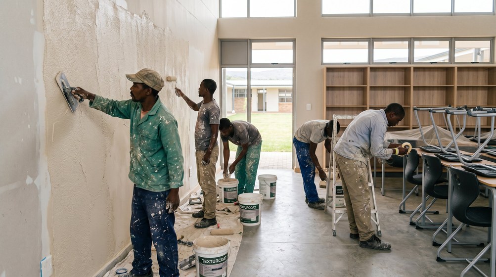 Professional texture coating team applying Texturcoat to interior walls in Kenridge