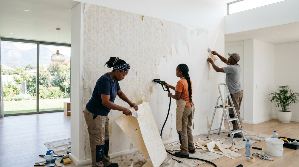 Professional wallpaper removal team stripping old wallpaper in a Kenridge home