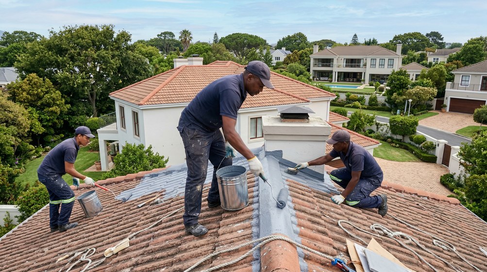 Professional waterproofing team applying membrane to roof in Kenridge