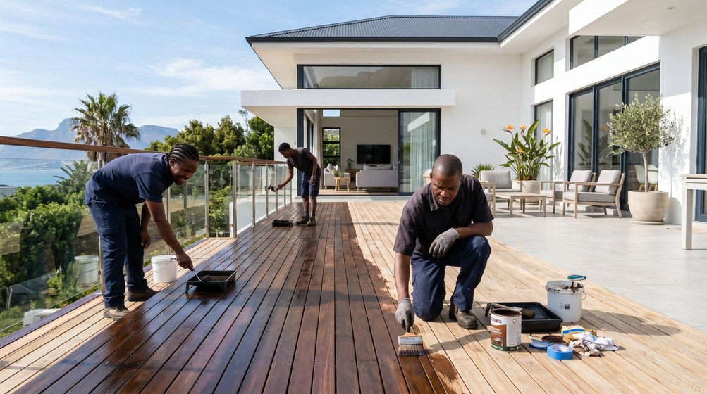 Professional wood staining team applying deck stain overlooking the ocean in Kenridge